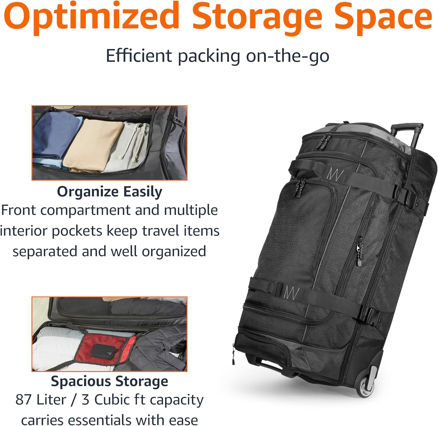 30-Inch Large Rolling Duffle Bag with Wheels and Handle, Travel Duffle Bag with Durable Ripstop Polyester Material, 2 Layers of Space, Multiple Interior and Exterior Pockets, Black - Image 3