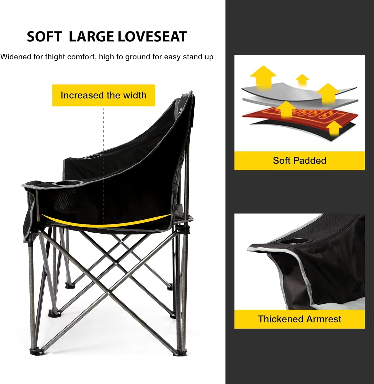 FAIR WIND Oversized Fully Padded Camping Chair Folding Loveseat Camping Couch Double Duo Chair Heavy Duty Quad Fold Arm Chair with Cup Hold - Supports 650 LBS Black - Image 4